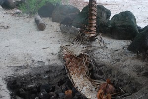 The motu's fire pit oven near Bora Bora in the South Pacific.©Jean Janssen