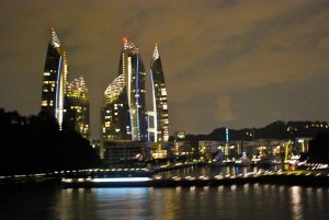 The Singapore skyline by night as seen from the balcony of our fantail stateroom. ©Jean Janssen