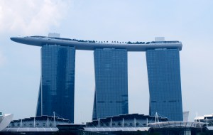 The Marina Bay Hotel in Singapore.  Love the ship on top which holds the bar and swimming pool 