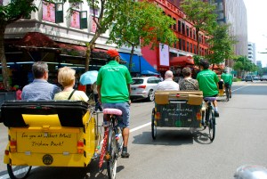 The modern day rickshaw in Singapore is now a trishaw-a bicycle with a single wheel cart attached for passengers.  We went from the Bugi district to Raffles Hotel on a trishaw. ©Jean Janssen