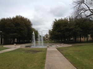 The campus lawn leading past the fountains to the pedestrian mall (open for traffic while I was a student) and the Lois Perkins Chapel.  The lawn was the site of my college graduation a "few" years ago.©Jean Janssen