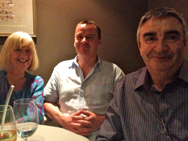 Our friends from Birmingham (Mosley), England, the Barnes Family.  Mom Angela instructs and grades exams, the equivalent of of SATs or ACTs in the US.  Son Barnaby is  a detective sergeant (soon to be Inspector) in the Birmingham Police Force; Dad Joseph is a retired University Dean.  They all helped Boris to victory in trivia and were wonderful lunch and dinner companions for us throughout the cruise.  This was taken at one of the special Chef's Table nights we attended with them. ©Jean Janssen