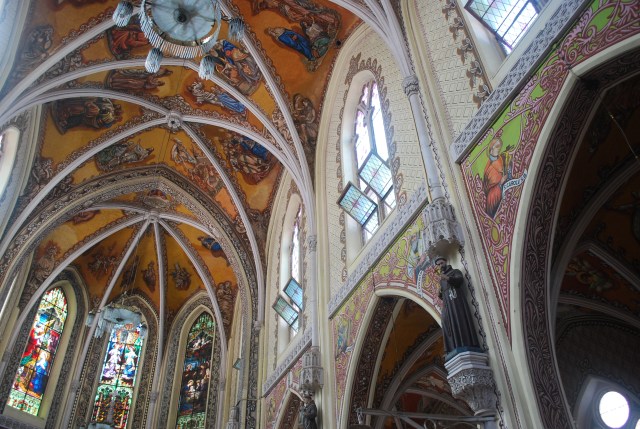 The beautiful painted ceiling, walls and stained glass windows of the Cathedral of the Holy Name in Mumbai, India. ©Jean Janssen