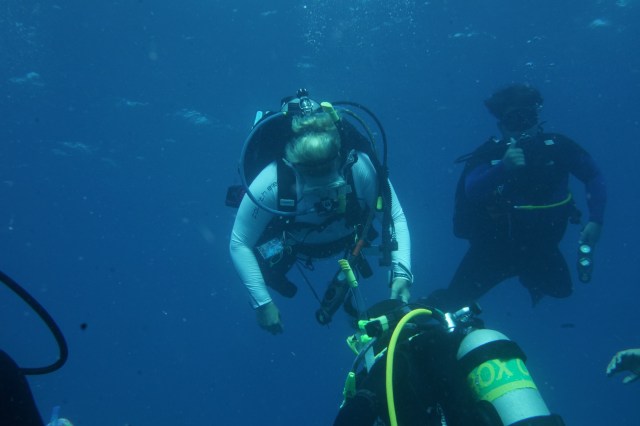 Natasha and Rocky on a safety stop.  All divers pause between 15 and 20 feet for 3 to 5 minutes as a precausion before completing their dive. @Bill Fuqua