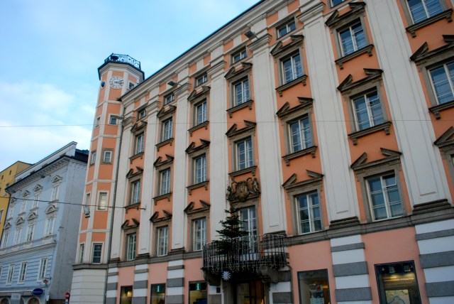 The annexation of Austria into Germany in 1938 was announced from this balcony (where tree is) in Linz, Austria.  Linz was Adolph Hitler's boyhood home. ©Jean Janssen