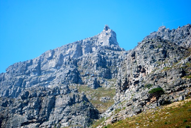 The Summit of Table Mountain with the Cable Car Tunnel Station at the high point.  If you look closely at the photograph, you'll see the two cable cars passing each other. ©Jean Janssen