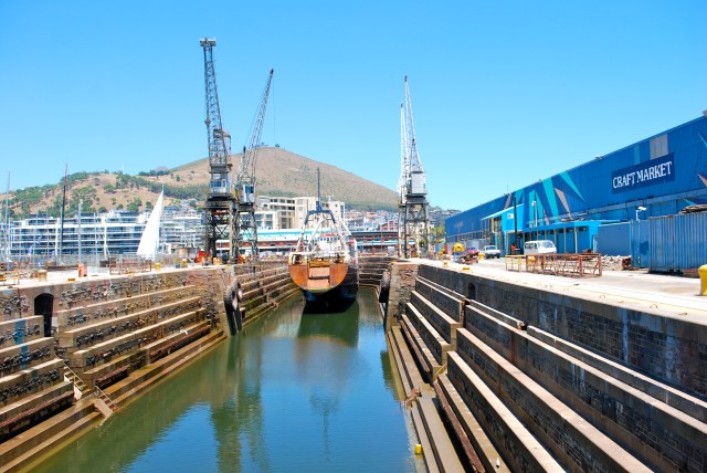 Boat in dry dock next to the Crafts Market, Cape Town, South Africa. ©Jean Janssen