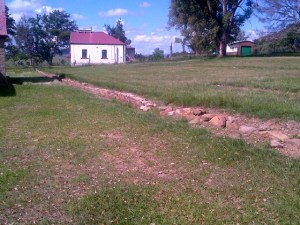 The storage room at Rorke's Drift, originally a church.  In front is the marking of where the mealy bags were placed.  These are sand bags used as defensive works.