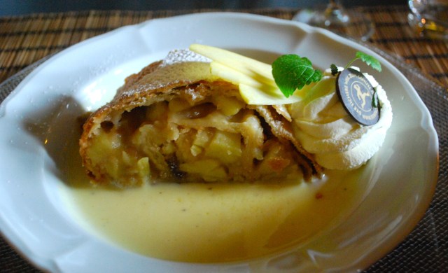 Natasha can bake.  Our finished apple strudel with warm vanilla sauce and fresh cream was delicious. ©Jean Janssen 