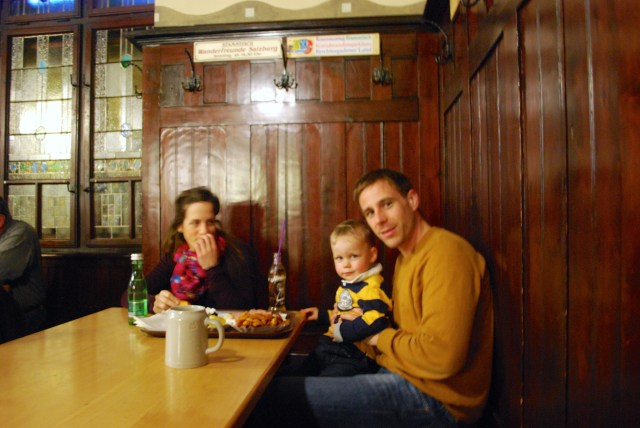 This young Austiran family sat on the end of our bench in the Augustinian Beer Hall in Salzburg, dad enjoying his beer, mom and son nonalcoholic options, and all the wonderful food. The Austrian beer halls are considered family friendly. ©Jean Janssen