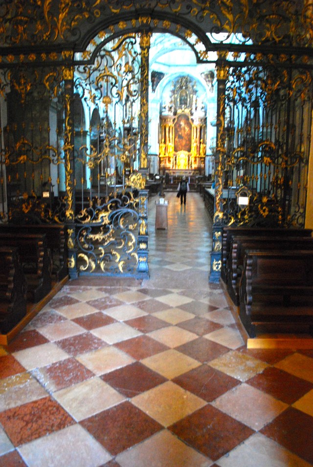 St. Peter's Monastery, Salzburg, Austria. I love the ironwork like that that appears in the adjoining cemetery. The floor of local marbles is the small as the one in the Schloss Leopoldskron where we are staying. ©Jean Janssen