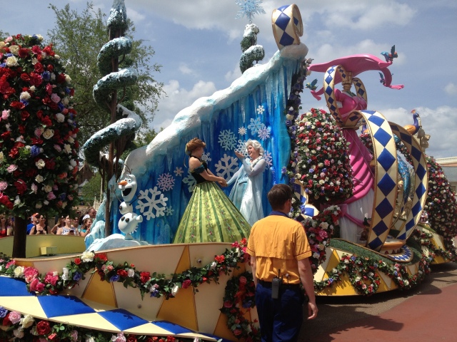 Anna, Elsa, and Olaf from Disney's Frozen are featured in the new Festival of Fantasy parade at the Magic Kingdom in Walt Disney World. ©Jean Janssen