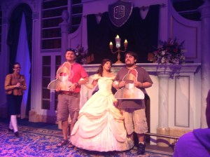 Belle complements Rocky on his knightly demeanor at Enchanted Tales with Belle in Fantasyland, the Magic Kingdom, WDW. ©Jean Janssen