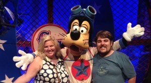 Rocky and I with Barnstormer Goofy in the Carnival Tent in the new Fantasyland, WDW.