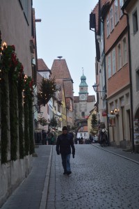View down a street in Rothenburg, Germany toward Roder Arch/Markus Tower, part of the first fortifications from the 1200s. ©Jean Janssen