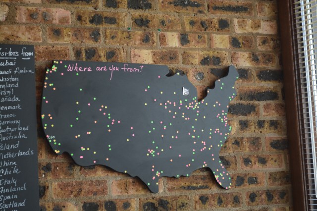 Although the bar-b-que joint has been there since 1939, just a year ago that got to the idea to put up a map so visitor could make where they were from.  The room was full on locals on our visit, but obviously people come from all over to try these sandwiches. ©Jean Janssen