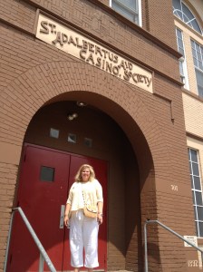On the steps of St. Adalbert's Aid Society-the parking lot is the site of Kielbasa Idol