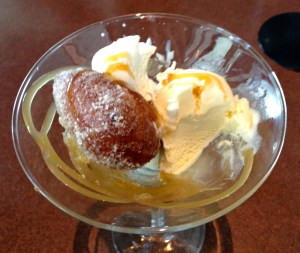 Brann's Kitchen 67 elephant ear dessert-cinimmon covered pastry with ice cream and whipping cream in a martini glass.  Beautiful, yummy, and only 99 cents