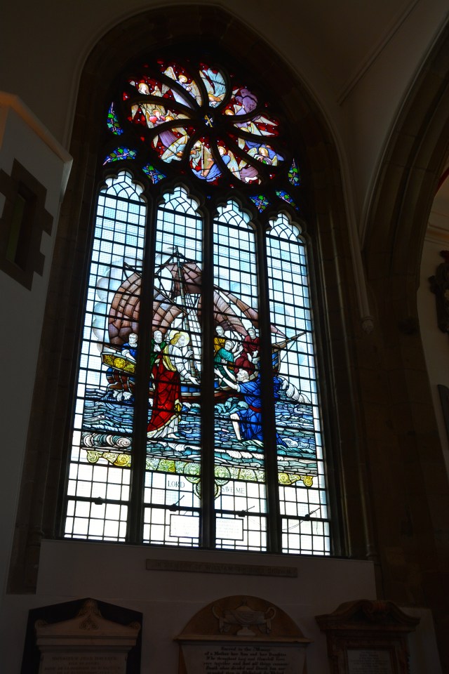 "Jesus walks on water" stained glass   A perfect stained glass depiction for this seaside church in St. Peter’s Port, Guernsey. ©Jean Janssen