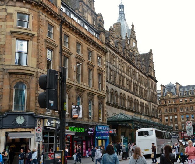 Glasgow Central Train Station.  Note the great metal awning and the fish and chips shop right next door.  ©Jean Janssen