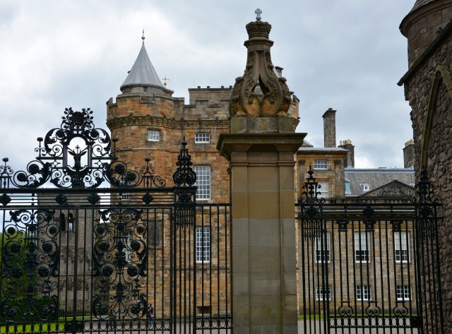 As viewed through the gates, the medieval tower of the Palace at Holyroodhouse, Edinburgh, Scotland ©Jean Janssen