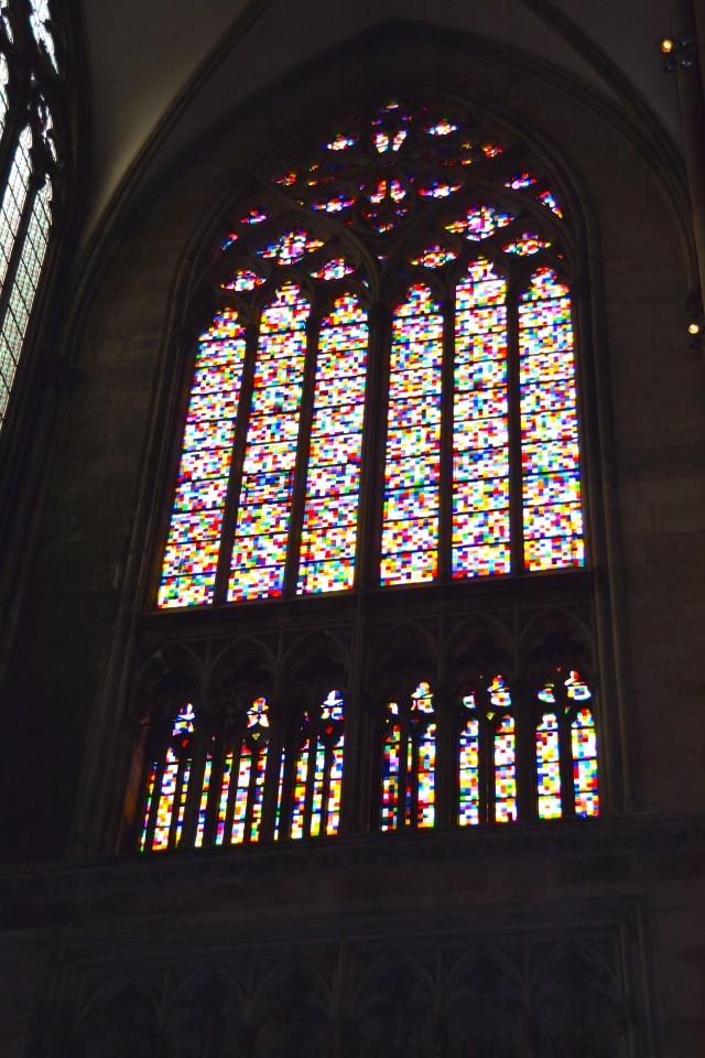 One of the large, and somewhat controversial, stain glass replacements in Cologne Cathedral reflecting the time of its replacement.  Definitely a 60s-70s vibe. ©Jean Janssen