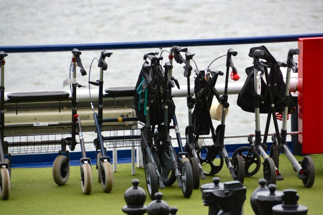 As we strolled along the waterfront at Cologne, we noted all the riverboats at dock.  Most have bicycles on their top deck that guest can check out for day use.  This boat (not ours) also had a parking area for walkers. ©Jean Janssen