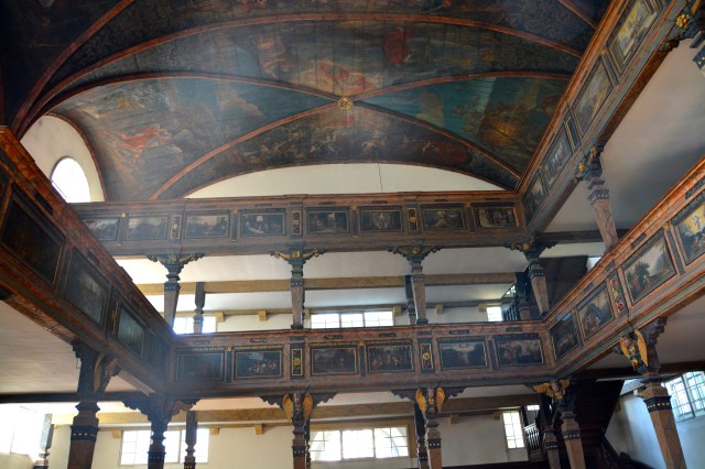 Rear of Trinity Lutheran Church in Speyer, Germany showing the beautifully painted wood paneling of the double canopies. ©Jean Janssen