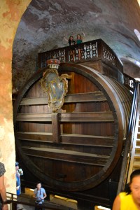 World's Largest Wine Barrel, Heidelberg Castle, Germany. The tourists below and above give a perspective on the barrel's size. ©Jean Janssen